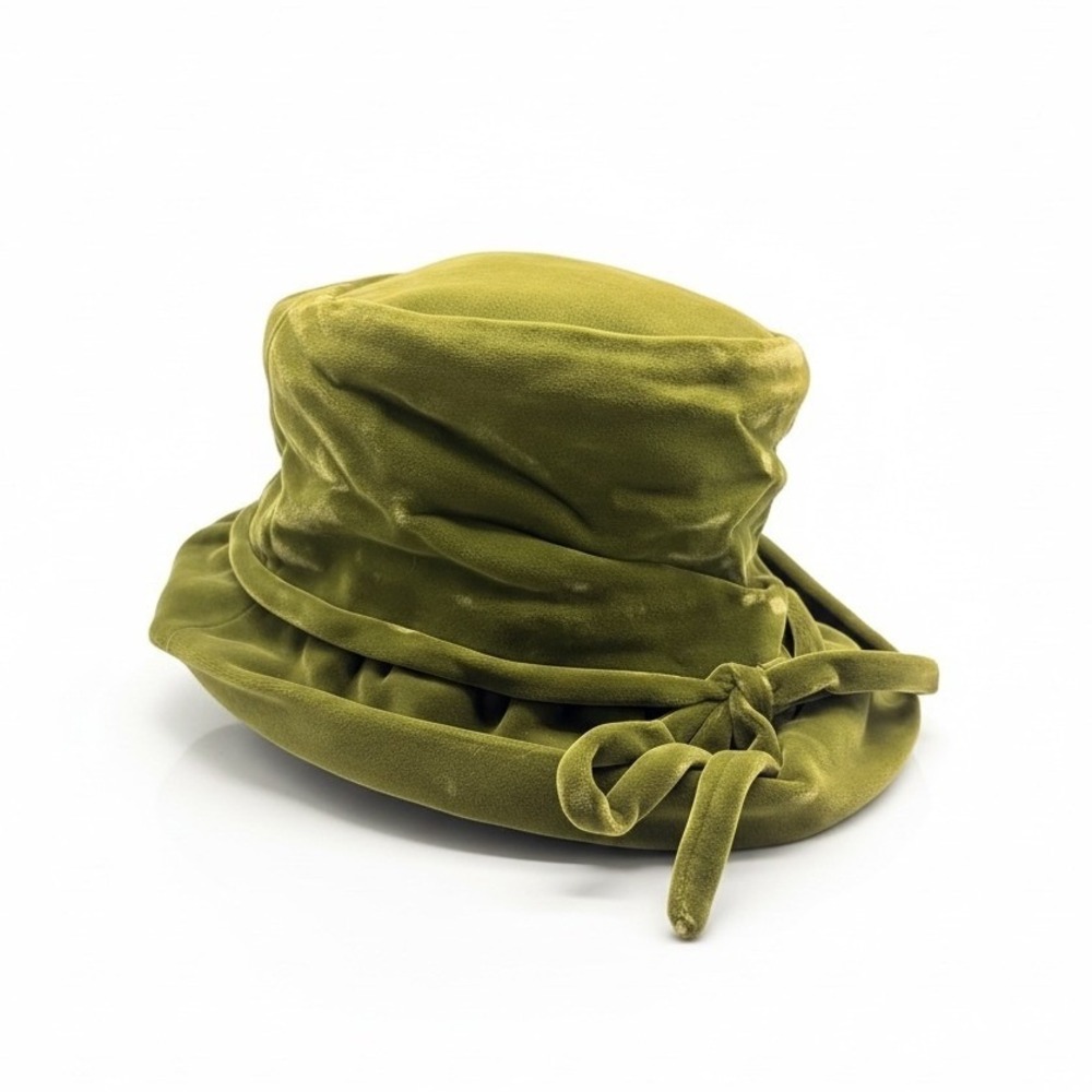 Vintage Si-Je' California Olive Green Velvet Bucket Cloche Hat Bow Accent Retro